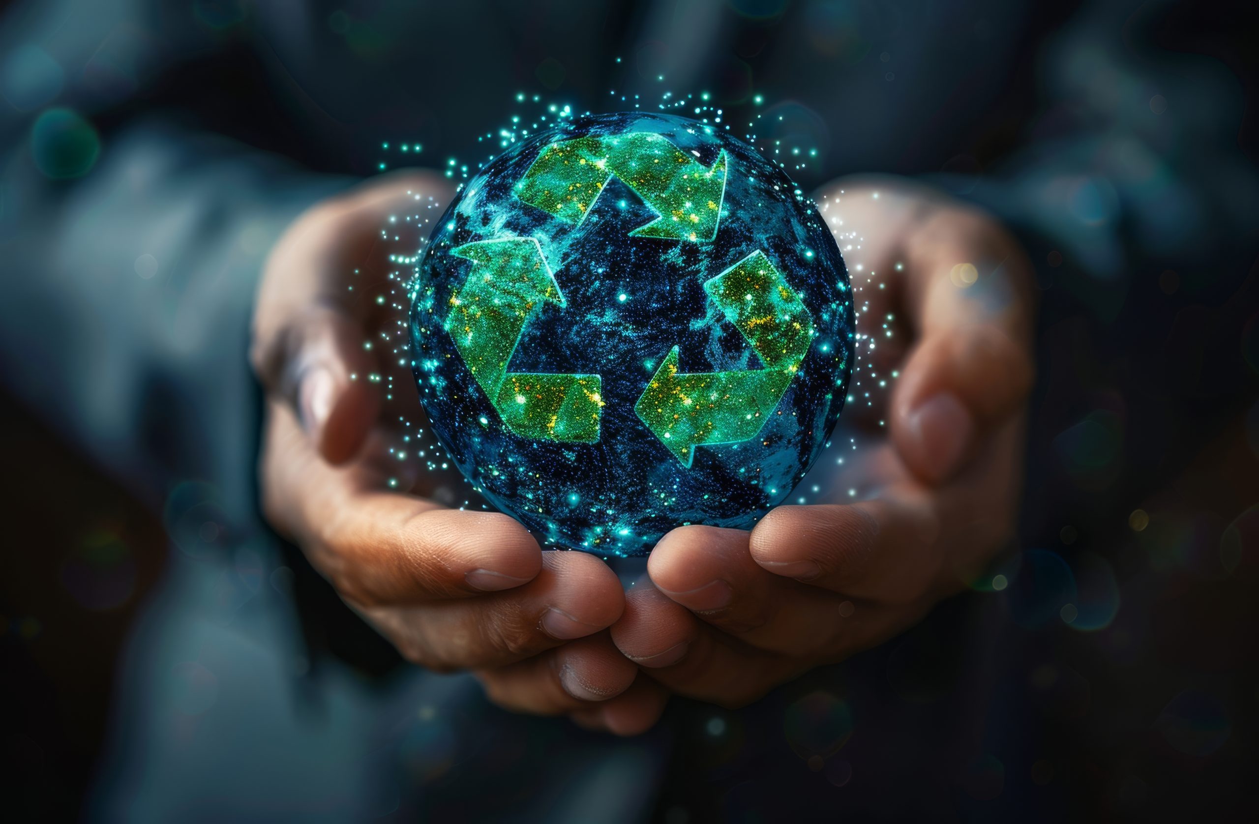 businessman showcasing glowing virtual earth with recycling symbols representing environmental awareness corporate responsibility